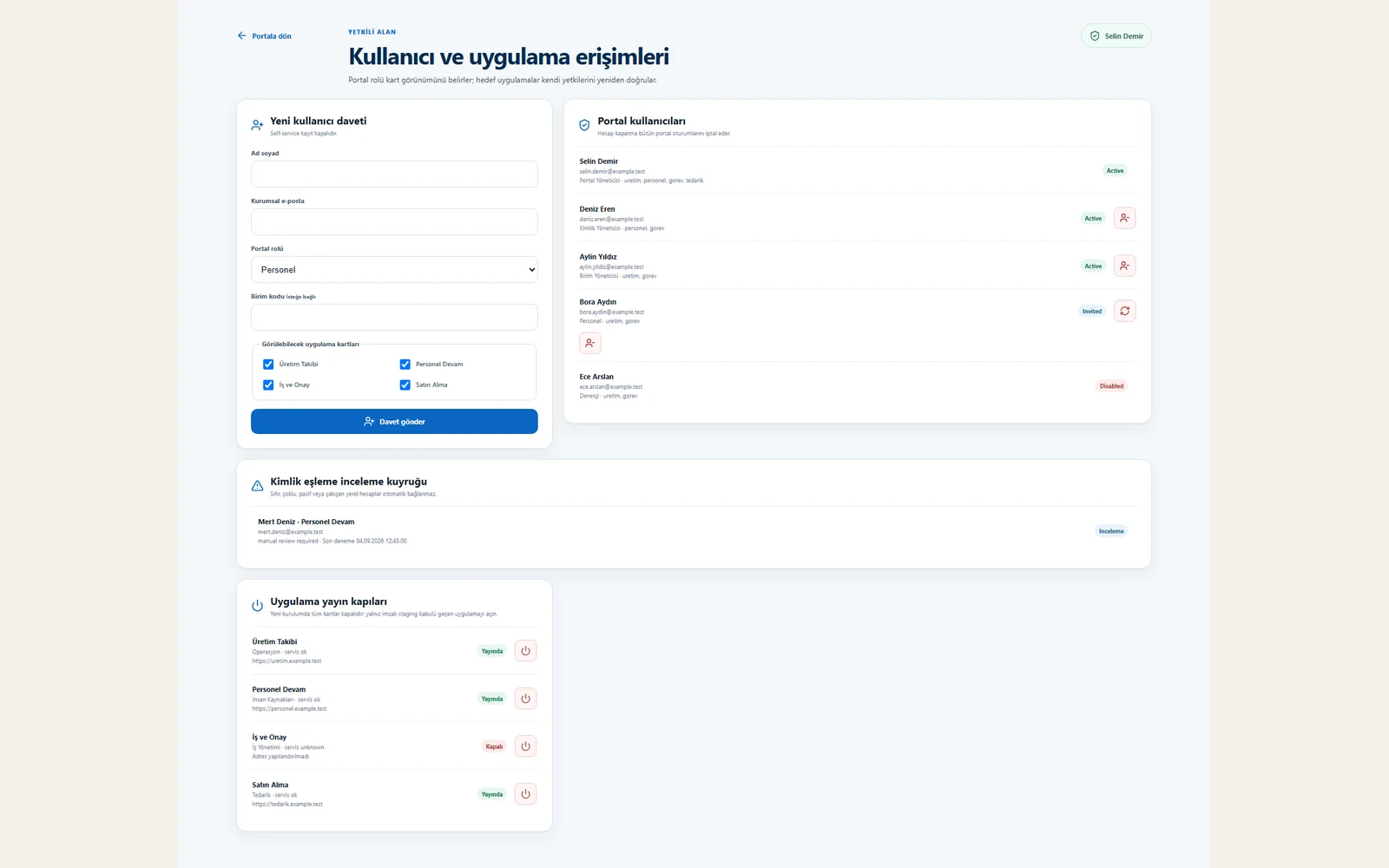 Kurumsal Uygulama Portalı ve Tek Oturum Açma: sentetik verilerle yönetim ekranı.